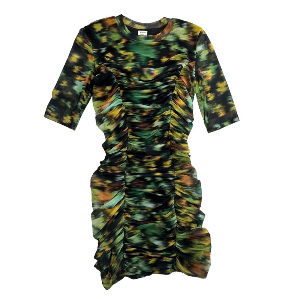 Sunday Best Aritzia Printed Ruched Bodycon Mini Dress Green XS‎ Club Party Rave